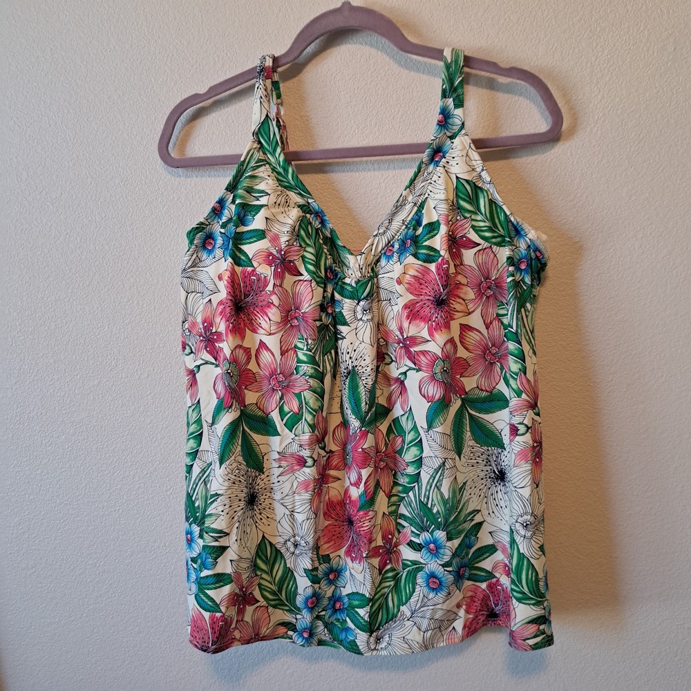 Coco Reef Floral Underwire Tankini Top White Pink Blue Tropical 38D Swimwear